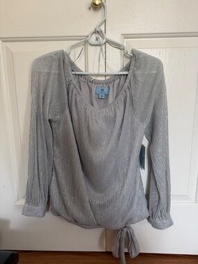 CeCe Silver Metallic Long-Sleeve Tie-Hem Top